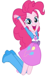 Size: 304x492 | Tagged: safe, pinkie pie, equestria girls, g4, arms in the air, balloon, boots, bracelet, cheering, clothes, dash for the crown, equestria girls prototype, female, game, happy, high heel boots, jewelry, jumping, shirt, simple background, skirt, solo, teenager, the microphone girl, the princess has microphone, transparent background, vest
