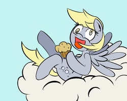 Size: 1280x1024 | Tagged: safe, artist:ultra, derpy hooves, pegasus, pony, g4, cloud, female, happy, mare, muffin, solo, that pony sure does love muffins