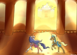 Size: 3440x2496 | Tagged: safe, artist:katrina-mae, amira, haakim, saddle arabian, g4, crepuscular rays, flowing mane, hoofprints, outfit, pillar, running, sand, smiling