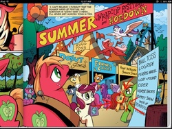 Size: 1025x769 | Tagged: safe, idw, official comic, big macintosh, donut joe, roseluck, sugar grape, earth pony, pony, friendship is magic #9, g4, spoiler:comic, bag, balloon, carnival, crossover, fair, green lantern, male, mouth hold, stallion, unnamed character, unnamed pony