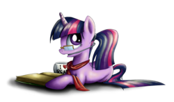 Size: 1100x648 | Tagged: safe, artist:xioade, twilight sparkle, pony, unicorn, g4, adorkable, alternate hairstyle, book, braces, clothes, coffee mug, cute, dork, female, glasses, looking back, lying down, mare, meganekko, mug, ponytail, retainer, scarf, simple background, solo, transparent background