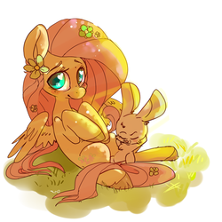 Size: 900x900 | Tagged: dead source, safe, artist:clockworkquartet, angel bunny, fluttershy, rabbit, g4, blushing, female, flower, flower in hair, grass, solo