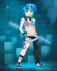 Size: 2550x3150 | Tagged: safe, artist:mlj-lucarias, dj pon-3, vinyl scratch, human, g4, belly button, female, glowstick, headphones, horn, horned humanization, humanized, solo, tattoo