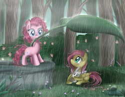 Size: 5120x3995 | Tagged: safe, artist:pridark, angel bunny, fluttershy, pinkie pie, earth pony, pegasus, pony, g4, crying, eye contact, female, leaf, leaf umbrella, lesbian, looking at each other, rain, ship:flutterpie, shipping, wet mane