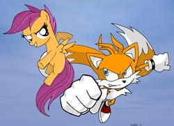 Size: 3950x2862 | Tagged: safe, artist:theblackemperor, scootaloo, g4, crossover, male, miles "tails" prower, scootaloo can fly, sonic the hedgehog (series)