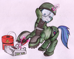 Size: 2555x2025 | Tagged: safe, artist:inky-draws, shining armor, g4, bomb, bomb squad, clothes, male, solo, sweat, traditional art