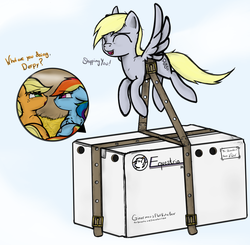 Size: 1733x1700 | Tagged: safe, artist:magicalhoney, applejack, derpy hooves, rainbow dash, pegasus, pony, g4, box, clever, female, flying, implied appledash, implied shipping, lesbian, literal, literal shipping, mare, not actually shipping, package, pun, ship:appledash, shipping, visual pun