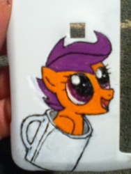 Size: 720x960 | Tagged: safe, scootaloo, g4, case, cellphone, cup, female, mug, photo, solo, wip