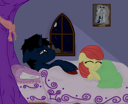 Size: 776x634 | Tagged: safe, artist:magicalhoney, apple bloom, oc, g4, bed, canon x oc, moonlight, sleeping