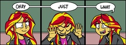 Size: 967x346 | Tagged: safe, artist:zicygomar, edit, sunset shimmer, human, equestria girls, g4, clothes, comic, cropped, dialogue, eyes closed, female, open mouth, reaction image, smiling, solo, speech bubble, wat
