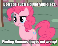 Size: 965x770 | Tagged: safe, edit, edited screencap, screencap, applejack, pinkie pie, earth pony, pony, g4, caption, female, human fetish, humie, image macro, mare, racism, solo