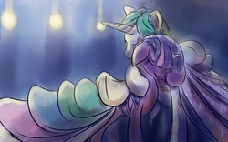 Size: 3280x2048 | Tagged: safe, artist:viwrastupr, princess celestia, twilight sparkle, g4, alternate hairstyle, clothes, crying, dancing, dress, female, lesbian, ship:twilestia, shipping