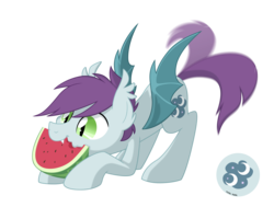 Size: 2600x1964 | Tagged: safe, artist:equestria-prevails, oc, oc only, oc:moon moon, bat pony, pony, cute, eating, face down ass up, fangs, food, herbivore, nom, simple background, smiling, solo, spread wings, tail wag, transparent background, watermelon