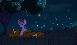 Size: 2400x1400 | Tagged: safe, artist:funnyfany, twilight sparkle, oc, alicorn, pony, unicorn, g4, alicorn oc, meteor, night, on back, stars, tree, unicorn twilight, unshorn fetlocks