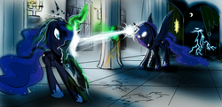 Size: 1420x688 | Tagged: safe, artist:spacehunt, princess luna, queen chrysalis, alicorn, changeling, changeling queen, pony, g4, canterlot, castle, disguise, duel, female, fight, hall, magic, night, princess, queen