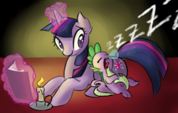 Size: 1024x652 | Tagged: safe, artist:rastaquouere69, spike, twilight sparkle, g4, book, candle, levitation, sleeping, snoring, snot bubble, zzz