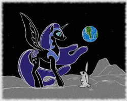 Size: 1220x976 | Tagged: safe, artist:dreadlime, nightmare moon, alicorn, pony, rabbit, g4, duo, earth, female, folklore, moon, moon rabbit, on the moon, planet