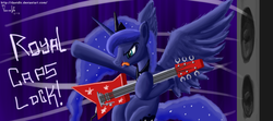 Size: 1680x743 | Tagged: safe, artist:aerostheunsure, princess luna, pony, g4, bipedal, canterlock, electric guitar, female, guitar, hoof hold, musical instrument, open mouth, rock (music), royal caps lock, smirk, solo, speaker, spread wings, tongue out