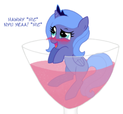 Size: 602x562 | Tagged: safe, artist:flausch-katzerl, princess luna, alicorn, pony, g4, blushing, cup of pony, cute, drunk, drunk filly, female, filly, glass, micro, new year, s1 luna, simple background, solo, transparent background, underaged drinking, wine, woona, younger