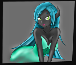 Size: 1280x1097 | Tagged: safe, artist:alkalizonian, queen chrysalis, g4, cleavage, clothes, dress, eared humanization, female, humanized, pose, solo