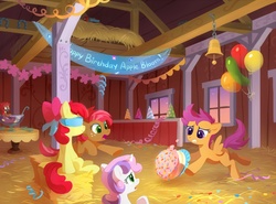 Size: 1200x888 | Tagged: dead source, safe, artist:tomatocoup, apple bloom, babs seed, scootaloo, sweetie belle, platypus, g4, balloon, banner, barn, birthday, blindfold, cake, cutie mark crusaders, falling, female, filly, foal, hexley, party, punch bowl, tripping, you had one job