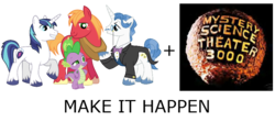 Size: 900x400 | Tagged: safe, big macintosh, fancypants, shining armor, spike, earth pony, pony, g4, exploitable meme, make it happen, male, meme, mystery science theater 3000, simple background, stallion, transparent background