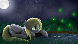 Size: 1920x1080 | Tagged: safe, artist:mmtob3, derpy hooves, firefly (insect), pegasus, pony, g4, female, mare, moon, night, solo