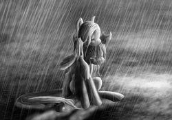 Size: 1000x700 | Tagged: safe, artist:mmtob3, oc, oc only, crying, hug, monochrome, night, rain, sad, sitting