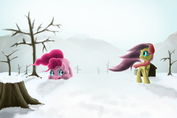 Size: 3000x2000 | Tagged: safe, artist:mmtob3, fluttershy, pinkie pie, g4, snow