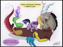 Size: 600x446 | Tagged: safe, artist:cryssy-miu, discord, twilight sparkle, g4, alternate universe, crying, cute, family, feather, feet, filly, filly twilight sparkle, laughing, magic, niece, on back, signature, snuggling, tears of laughter, tickling, uncle, uncle and niece