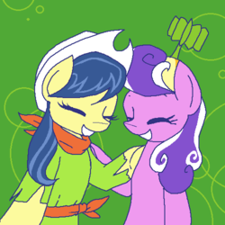 Size: 500x500 | Tagged: safe, artist:rareponypairings, fiddlesticks, screwball, earth pony, pony, g4, apple family member, day, duo, eyes closed, female, lesbian, screwsticks, shipping, smiling