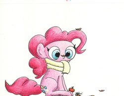 Size: 768x596 | Tagged: safe, artist:getchanoodlewet, pinkie pie, g4, clothes, female, leaves, scarf, sitting, solo, traditional art