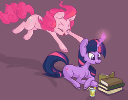 Size: 1280x1006 | Tagged: safe, artist:twitchykismet, pinkie pie, twilight sparkle, g4, eyes closed, female, glomp, lemonade, lesbian, pounce, reading, ship:twinkie, shipping, unshorn fetlocks