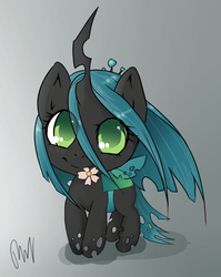 Size: 733x922 | Tagged: safe, artist:e-pon, queen chrysalis, changeling, changeling queen, nymph, g4, cute, cutealis, female, flower, flower in mouth, looking at you, mouth hold, smiling, solo, younger