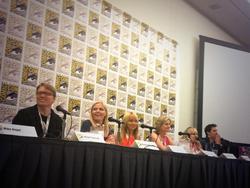Size: 1024x769 | Tagged: safe, human, cathy weseluck, daniel ingram, irl, irl human, jayson thiessen, meghan mccarthy, panel, photo, san diego comic con, sdcc 2013, tara strong, voice actor