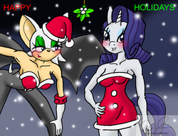 Size: 1626x1246 | Tagged: safe, artist:sonigoku, rarity, anthro, g4, blushing, christmas, crossover, crossover shipping, female, interspecies, lesbian, lip bite, love, mistletoe, rouge the bat, shipping, sonic the hedgehog (series)