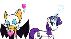 Size: 1126x620 | Tagged: safe, artist:kyoyalove, rarity, g4, crossover, crossover shipping, heart, magic, rouge the bat, sonic the hedgehog (series)