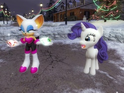 Size: 1280x960 | Tagged: safe, artist:famguy3, rarity, g4, 3d, chaos emerald, christmas, christmas lights, christmas tree, crossover, gmod, rouge the bat, snowman, sonic the hedgehog (series), tree
