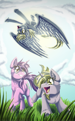 Size: 900x1455 | Tagged: safe, artist:inuhoshi-to-darkpen, amethyst star, derpy hooves, dinky hooves, sparkler, pegasus, pony, fanfic:the life and times of a winning pony, winningverse, g4, equestria's best mother, female, fluffy, flying, grin, happy, mare, open mouth, running, sky, smiling, spread wings, unshorn fetlocks, upside down, wink