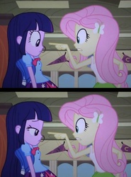 Size: 769x1037 | Tagged: safe, screencap, fluttershy, twilight sparkle, equestria girls, g4, my little pony equestria girls, duo, female, lidded eyes, pointing