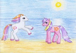 Size: 1024x715 | Tagged: safe, artist:normaleeinsane, light heart, sundance (g2), earth pony, pony, g2, beach, female, mare, traditional art