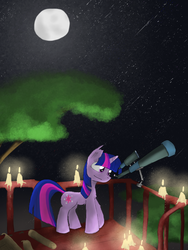 Size: 1536x2048 | Tagged: safe, artist:fuzzyfox11, twilight sparkle, pony, unicorn, g4, female, solo, stargazing, telescope, unicorn twilight