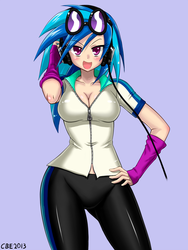 Size: 1125x1500 | Tagged: safe, artist:crimsonbugeye, dj pon-3, vinyl scratch, human, breasts, busty vinyl scratch, cleavage, female, humanized, looking at you, solo