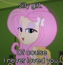 Size: 589x602 | Tagged: safe, edit, edited screencap, screencap, fluttershy, equestria girls, g4, my little pony equestria girls, cropped, evil, female, implied lesbian, solo, text