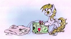 Size: 2814x1553 | Tagged: dead source, safe, artist:inky-draws, derpy hooves, pegasus, pony, g4, care package (box), female, lip bite, mare, parachute, solo, traditional art