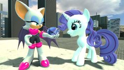 Size: 1024x576 | Tagged: safe, artist:migueruchan, rarity, bat, g4, 3d, chaos emerald, crossover, gmod, rouge the bat, sonic the hedgehog (series)