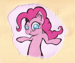 Size: 1541x1294 | Tagged: safe, artist:inky-draws, pinkie pie, g4, breaking the fourth wall, female, fourth wall, looking at you, shrug, smiling, solo, traditional art
