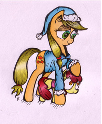 Size: 1163x1420 | Tagged: safe, artist:inky-draws, apple bloom, applejack, g4, apple siblings, clothes, comforting, hat, night, nightcap, nightmare, pajamas