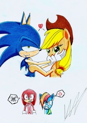 Size: 2432x3440 | Tagged: safe, artist:az-derped-unicorn, applejack, rainbow dash, g4, angry, appleknux, crossover, crossover shipping, female, heart, interspecies, knuckles the echidna, love, male, shipping, sonic the hedgehog, sonic the hedgehog (series), sonicdash, sonicjack, straight