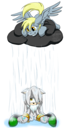 Size: 1000x2000 | Tagged: safe, artist:feniiku, derpy hooves, pegasus, pony, g4, cloud, crossover, female, male, mare, rain, sad, silver the hedgehog, simple background, sonic the hedgehog (series), transparent background